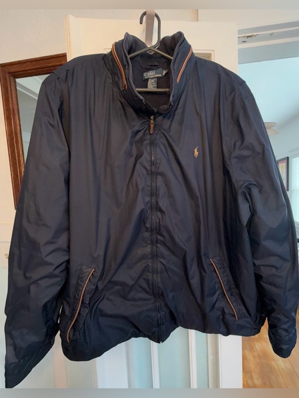 Polo Ralph Lauren Jacket 4LT Tall Leather Trim Stowed Hood Bomber Coat Vtg 90s